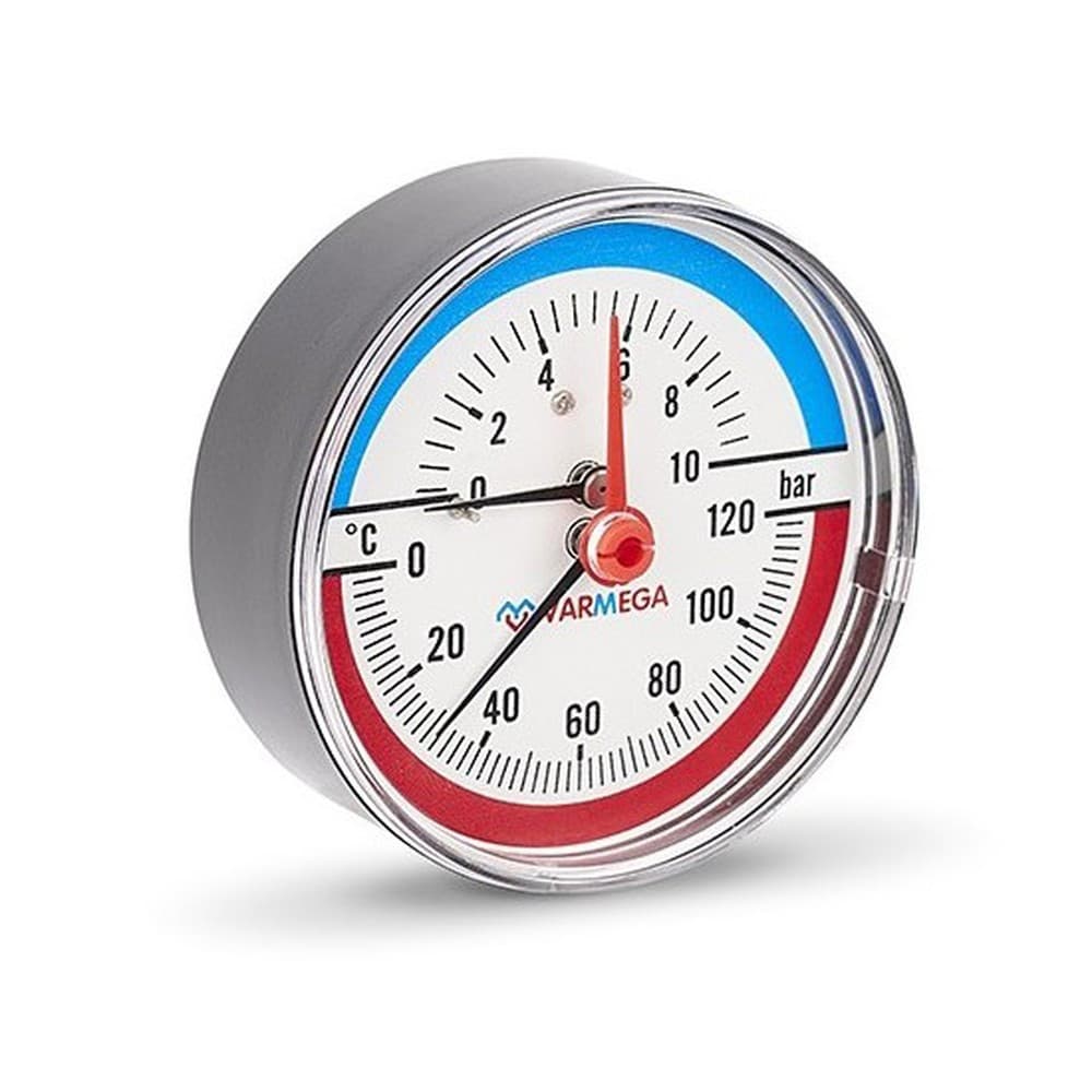 Термоманометр VARMEGA аксиальный 80 мм, 10 бар, 120гр.С, 1/2", с отсекающим клапаном, VMMT06-801004