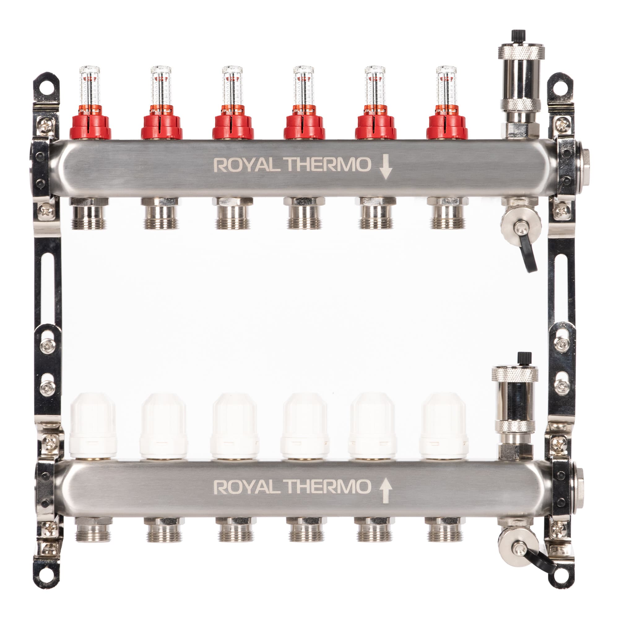 Коллектор Royal Thermo нерж. в сборе с расходомерами 1" ВР-3/4" НР с автомат. воздухоотвод-ми 6 вых.