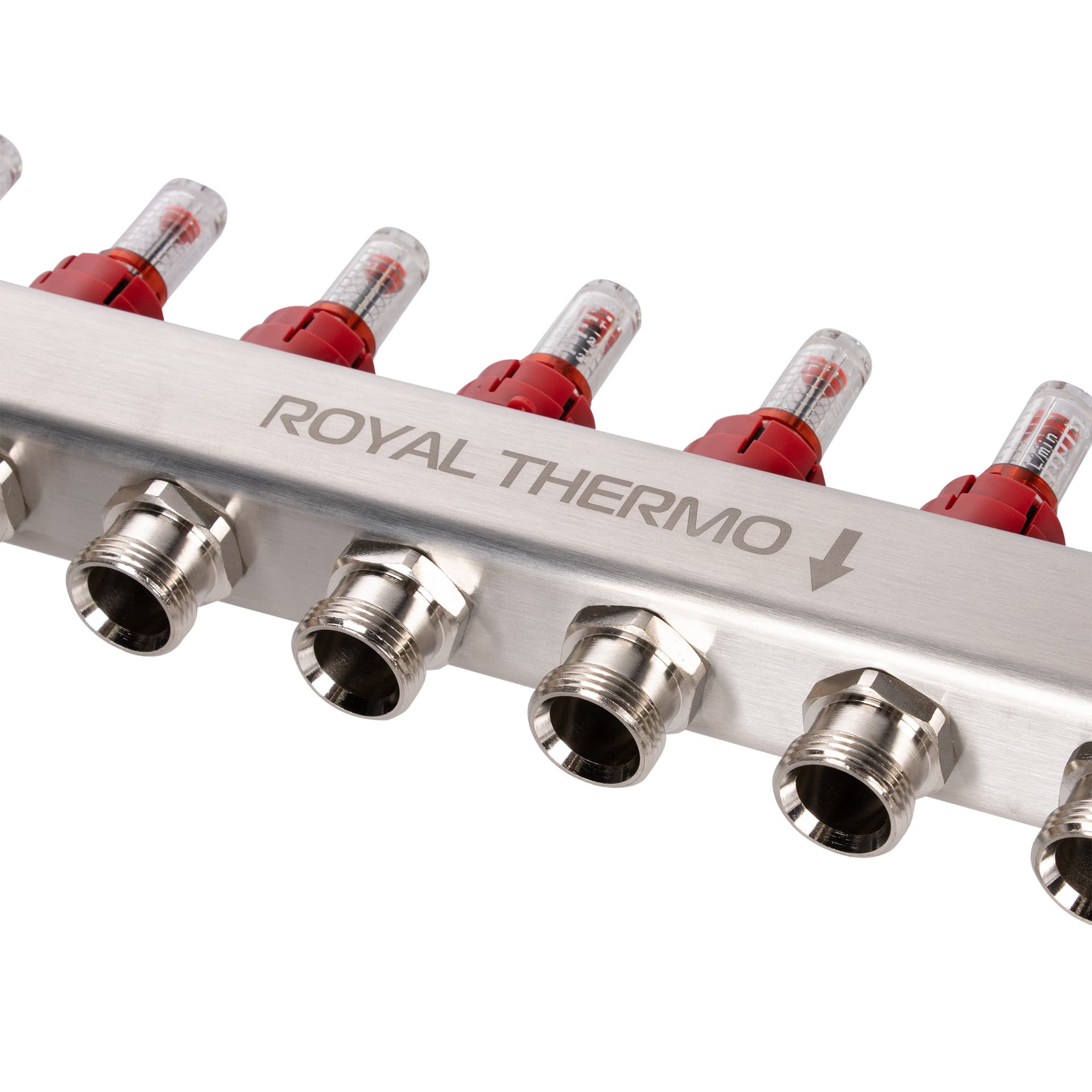 Коллектор Royal Thermo нерж. в сборе с расходомерами 1" ВР-3/4" НР с автомат. воздухоотвод-ми 6 вых.